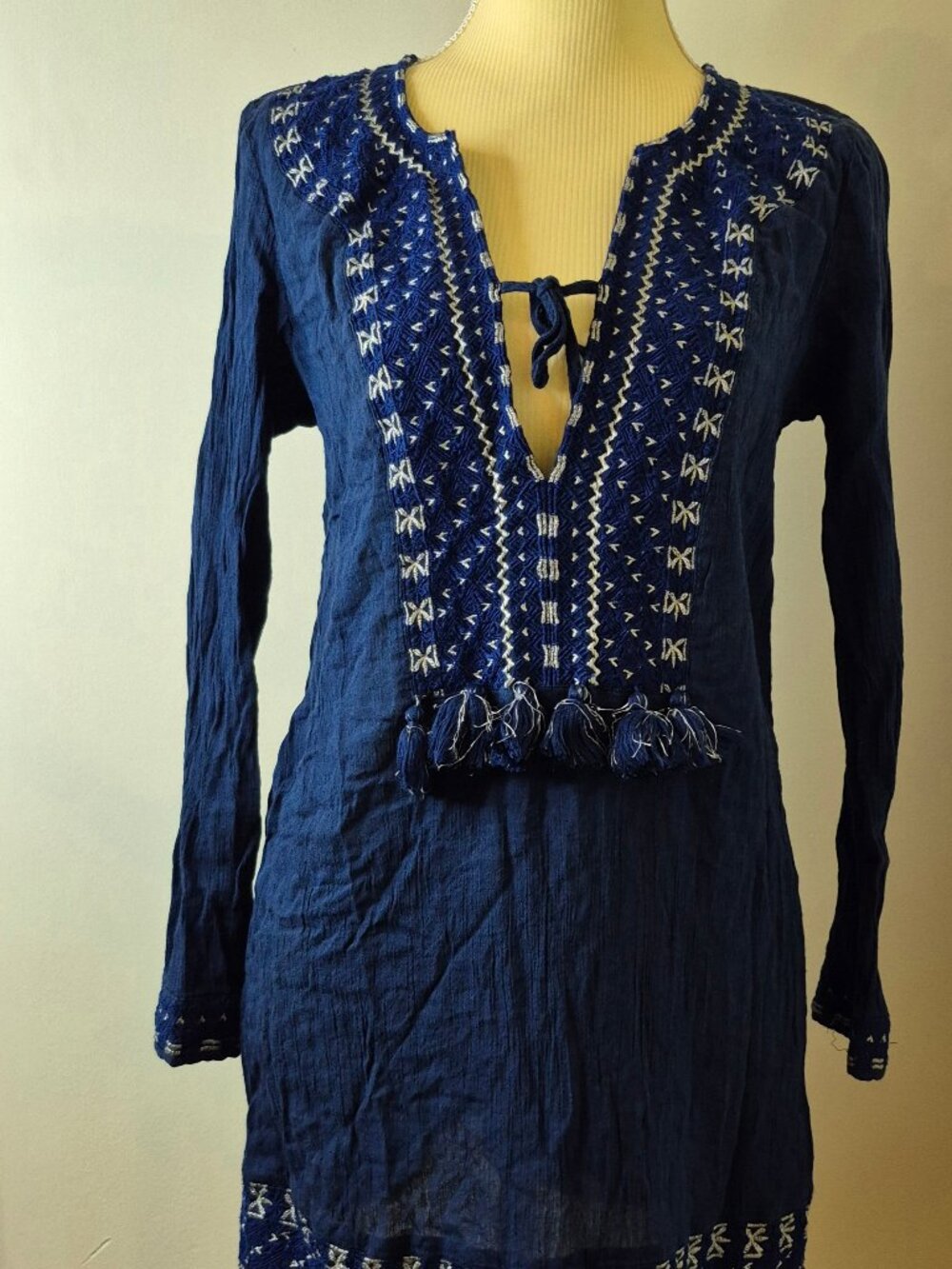 VINEYARD VINES Navy Embroidered Tassel Cover-Up XS Boho Coastal Beach Resortwear